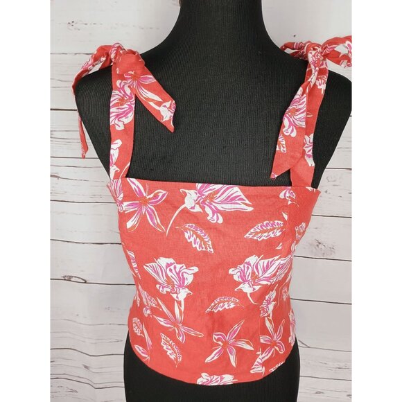 Joie Floral Tropical Summer Crop Top Women Red Linen Size 4 - Picture 4 of 6